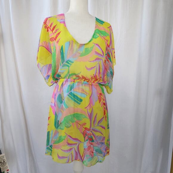 BECCA Costa Printed Bella Yellow Floral Vibrant Chiffon Beach Cover Up Size XSS - Picture 2 of 8